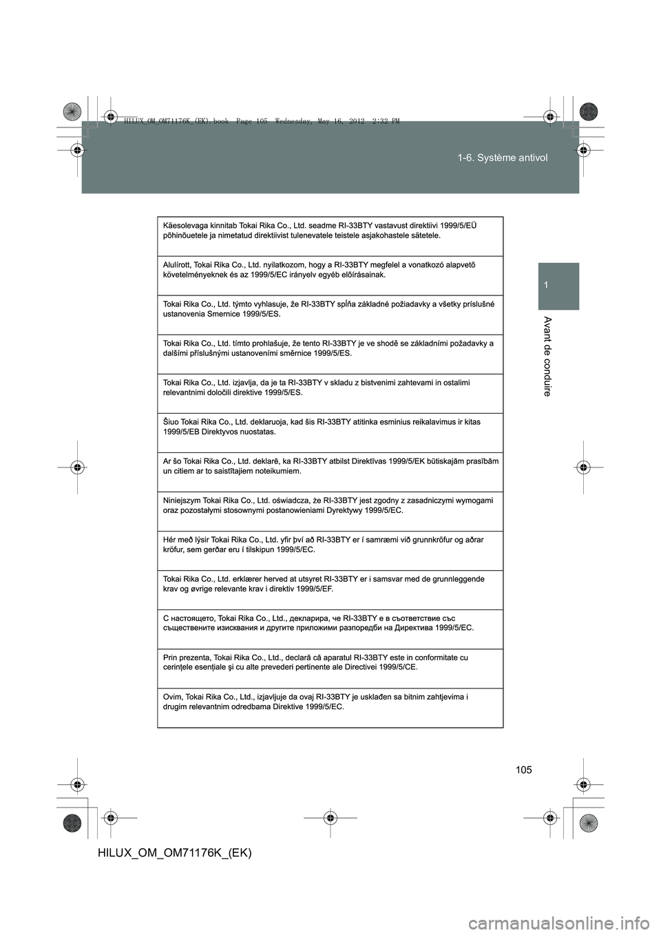 TOYOTA HILUX 2013  Notices Demploi (in French) 105
1-6. Système antivol
1
Avant de conduire
HILUX_OM_OM71176K_(EK)
HILUX_OM_OM71176K_(EK).book  Page 105  Wednesday, May 16, 2012 
 2:32 PM 