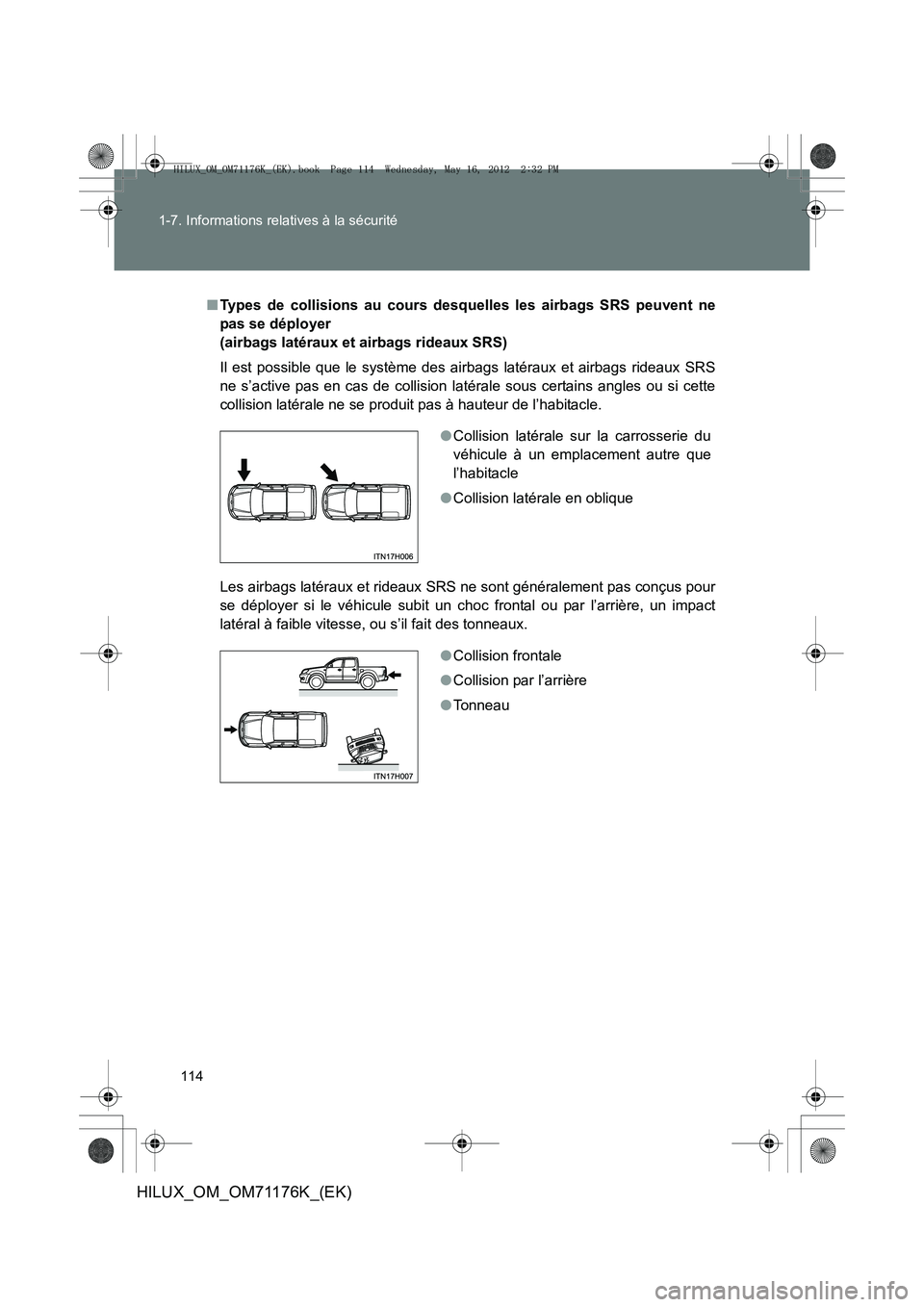 TOYOTA HILUX 2013  Notices Demploi (in French) 114
1-7. Informations relatives à la sécurité
HILUX_OM_OM71176K_(EK)
■
Types de collisions au cours desquelles les airbags SRS peuvent ne
pas se déployer 
(airbags latéraux et airbags rideaux S