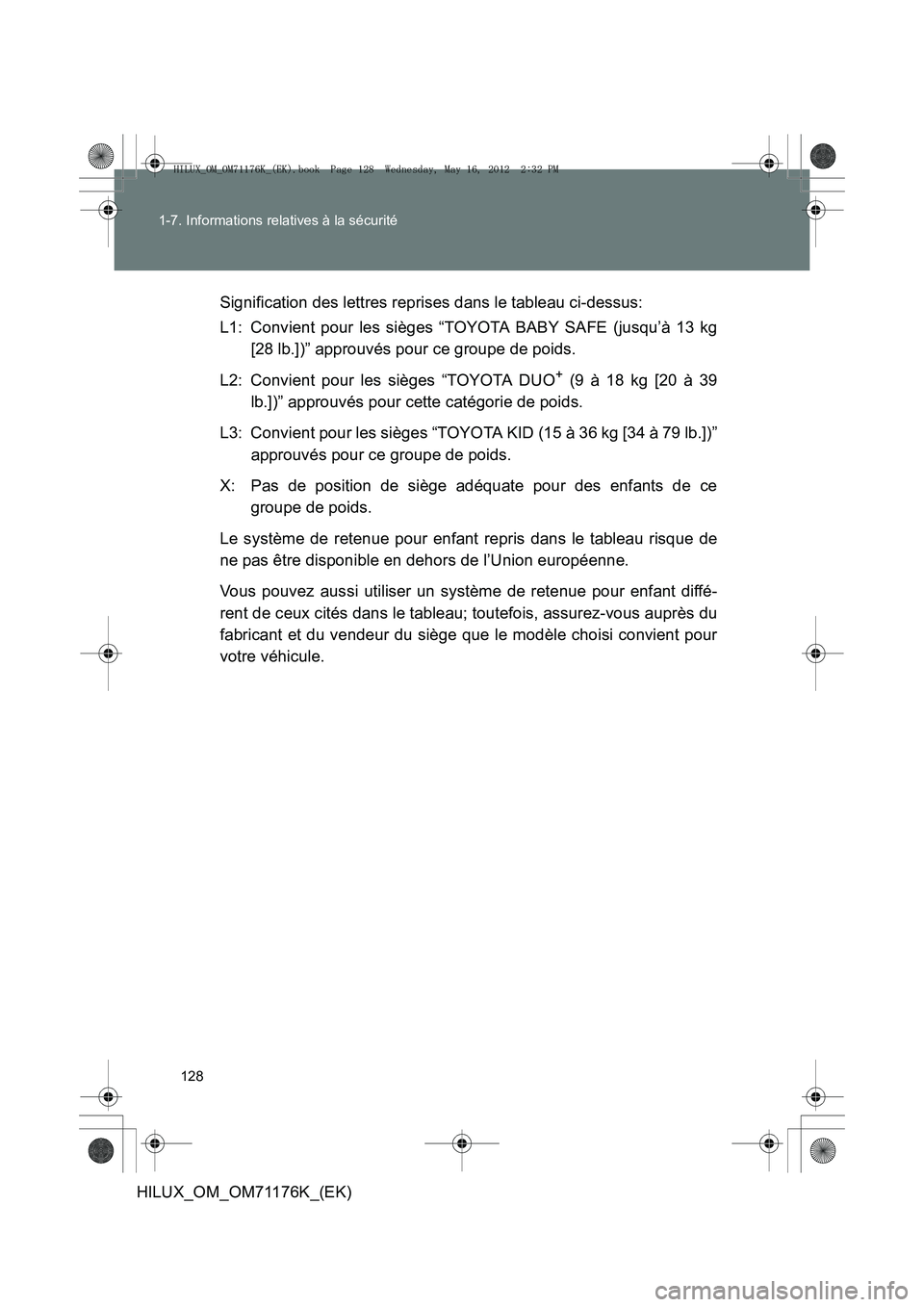 TOYOTA HILUX 2013  Notices Demploi (in French) 128
1-7. Informations relatives à la sécurité
HILUX_OM_OM71176K_(EK)
Signification des lettres reprises dans le tableau ci-dessus:
L1: Convient pour les sièges “TOYOTA BABY SAFE (jusqu’à 13 k