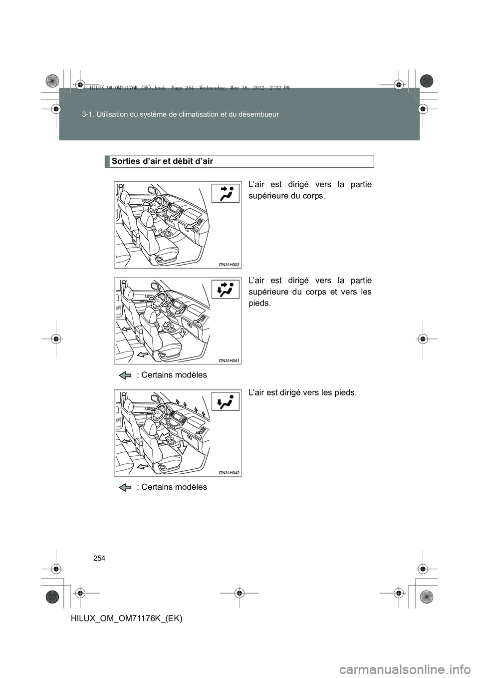 TOYOTA HILUX 2013  Notices Demploi (in French) 254
3-1. Utilisation du système de climatisation et du désembueur
HILUX_OM_OM71176K_(EK)
Sorties d’air et débit d’air
L’air est dirigé vers la partie
supérieure du corps.
L’air est dirig