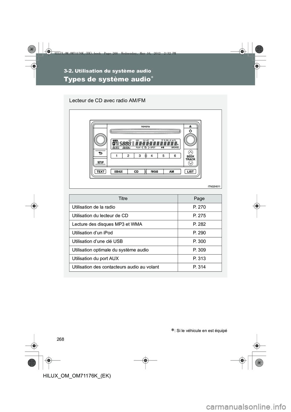 TOYOTA HILUX 2013  Notices Demploi (in French) 268
HILUX_OM_OM71176K_(EK)
3-2. Utilisation du système audio
Types de système audio∗
∗: Si le véhicule en est équipé
Lecteur de CD avec radio AM/FM
TitrePage
Utilisation de la radioP. 270
Uti