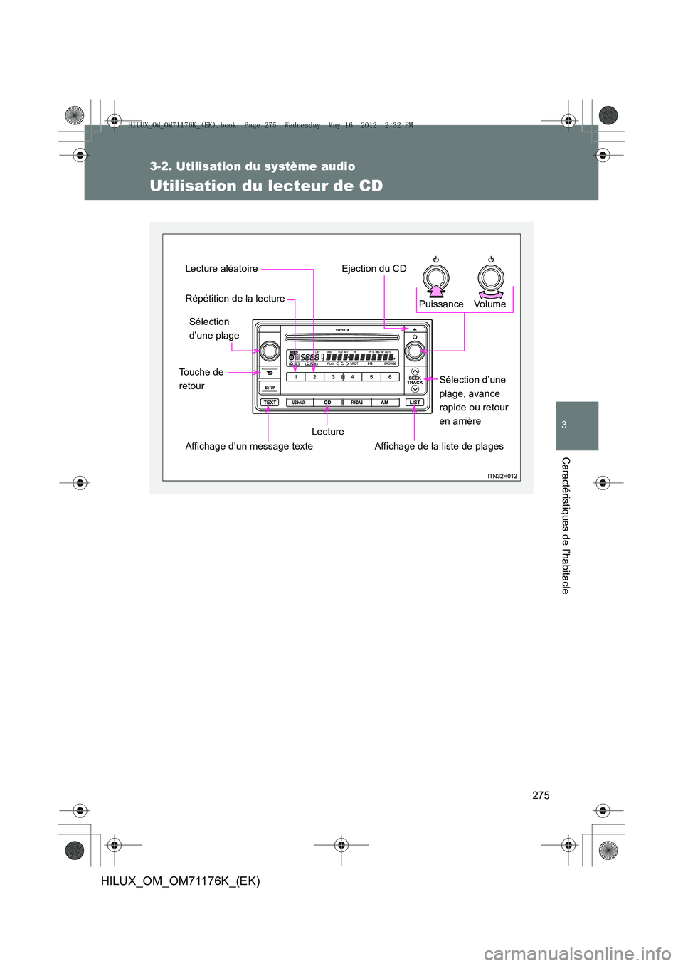 TOYOTA HILUX 2013  Notices Demploi (in French) 275
3-2. Utilisation du système audio
3
Caractéristiques de l’habitacle
HILUX_OM_OM71176K_(EK)
Utilisation du lecteur de CD
Vo l u m e
Puissance
Affichage de la liste de plages Sélection d’une 