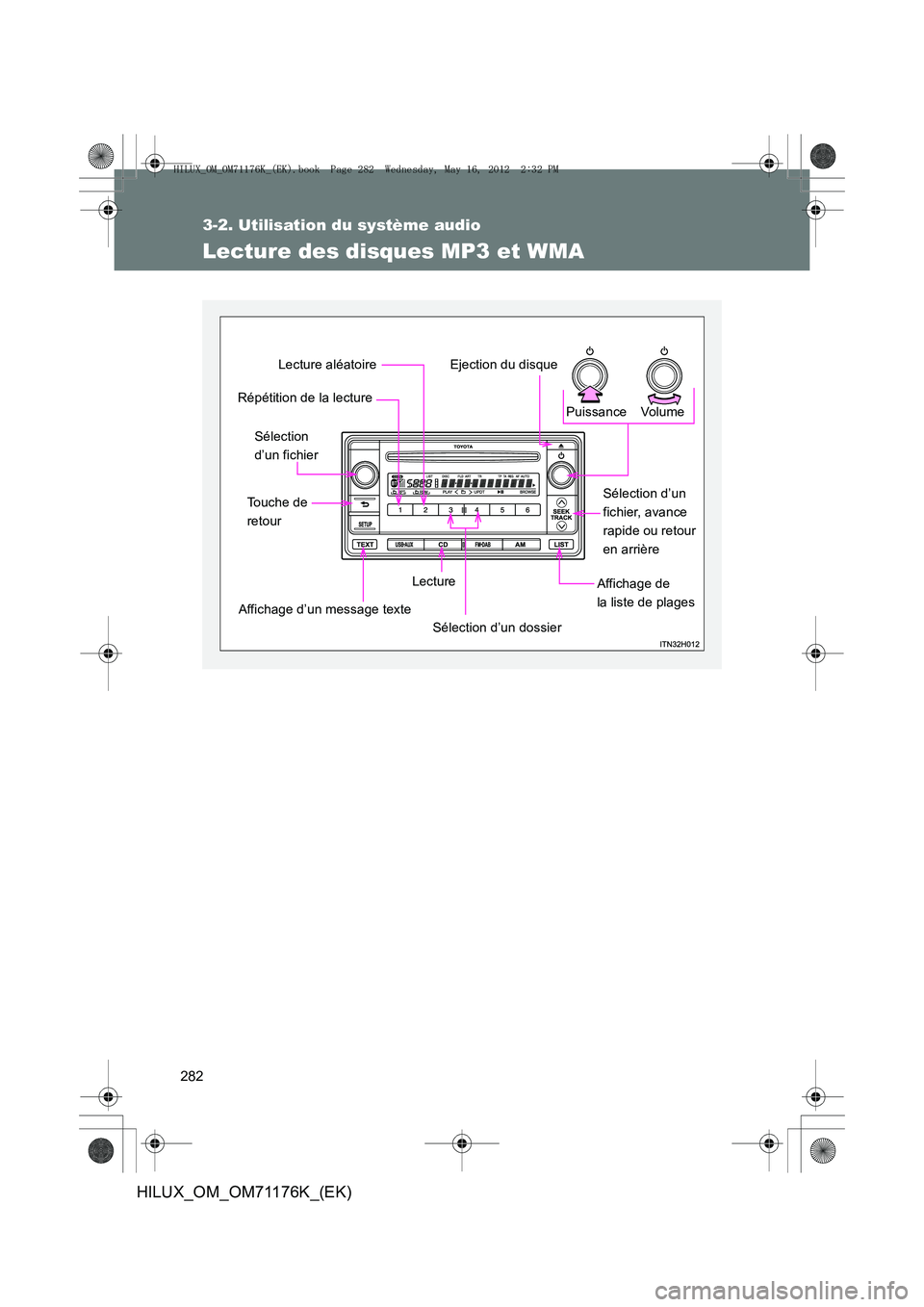 TOYOTA HILUX 2013  Notices Demploi (in French) 282
3-2. Utilisation du système audio
HILUX_OM_OM71176K_(EK)
Lecture des disques MP3 et WMA
Vo lu m e
Puissance
Affichage de 
la liste de plagesLecture
Affichage d’un message texte
Touche de 
retou