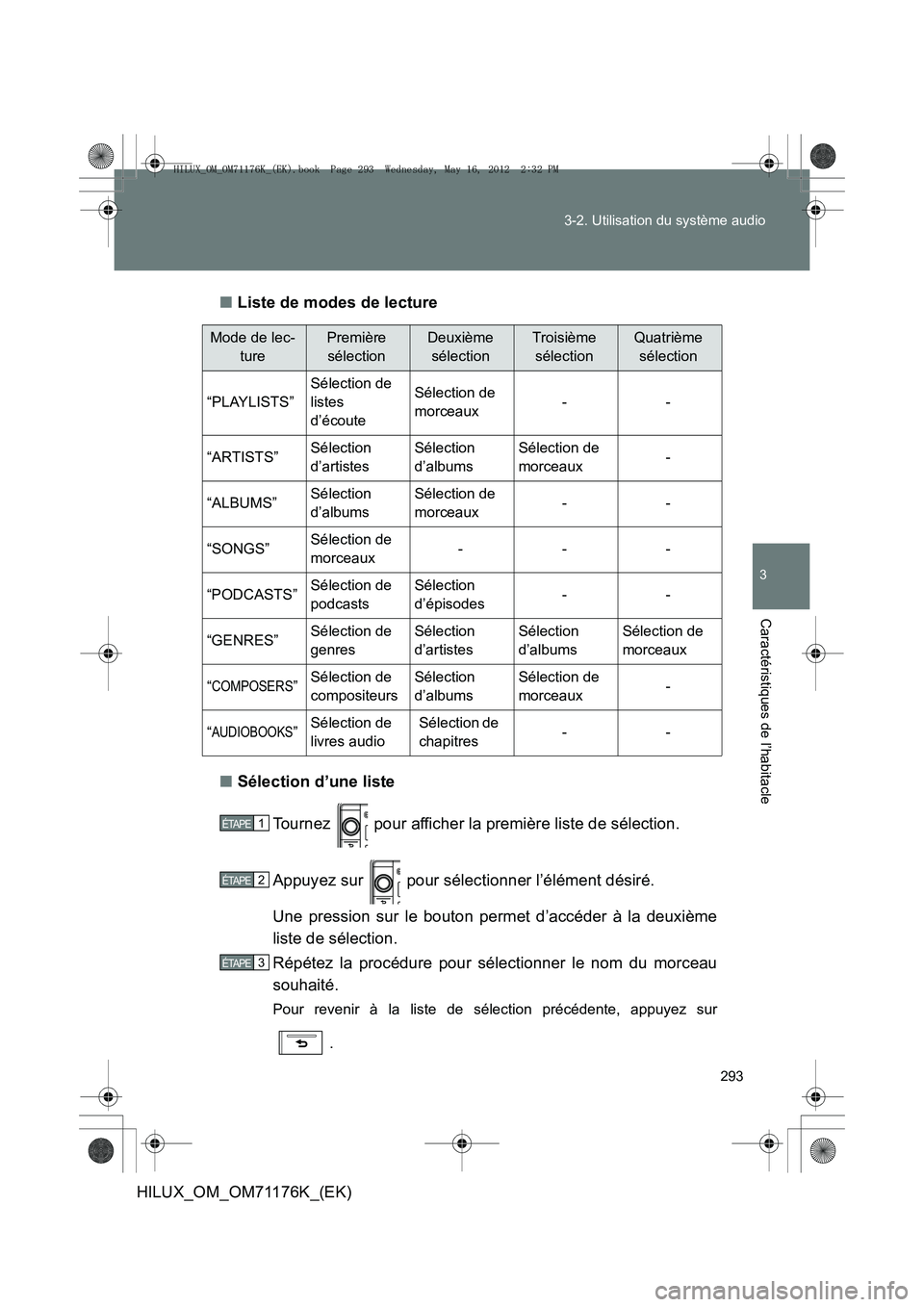 TOYOTA HILUX 2013  Notices Demploi (in French) 293
3-2. Utilisation du système audio
3
Caractéristiques de l’habitacle
HILUX_OM_OM71176K_(EK)
■
Liste de modes de lecture
■ Sélection d’une liste
Tournez   pour afficher la première liste