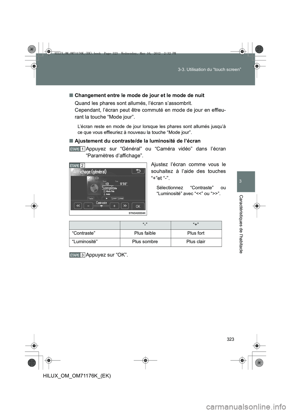 TOYOTA HILUX 2013  Notices Demploi (in French) 323
3-3. Utilisation du “touch screen”
3
Caractéristiques de l’habitacle
HILUX_OM_OM71176K_(EK)
■
Changement entre le mode de jour et le mode de nuit
Quand les phares sont allumés, l’écra
