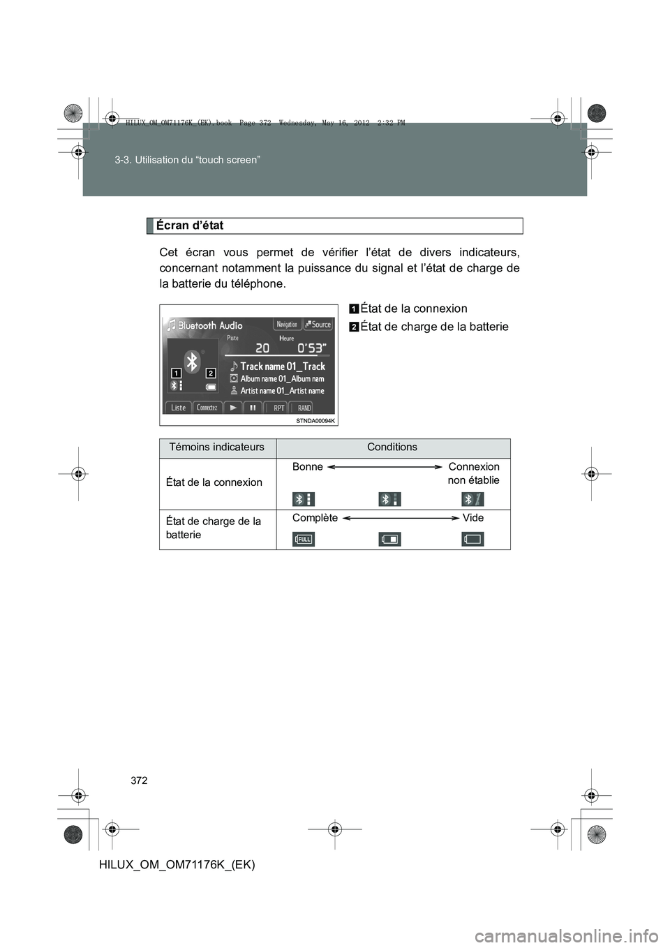 TOYOTA HILUX 2013  Notices Demploi (in French) 372
3-3. Utilisation du “touch screen”
HILUX_OM_OM71176K_(EK)
É
cran d’état
Cet écran vous permet de vérifier l’état de divers indicateurs,
concernant notamment la puissance du signal et 