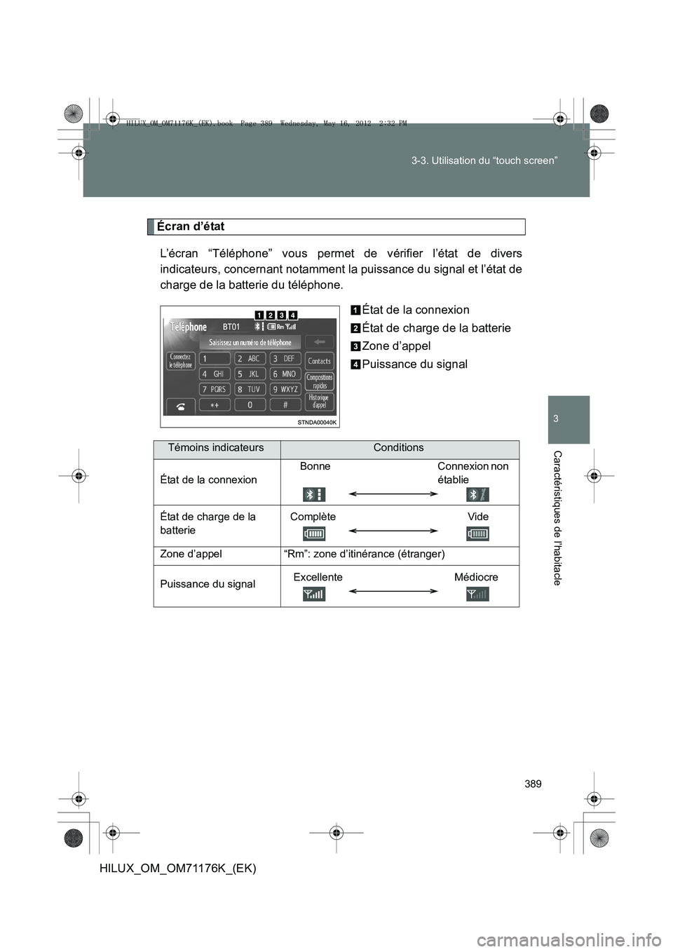 TOYOTA HILUX 2013  Notices Demploi (in French) 389
3-3. Utilisation du “touch screen”
3
Caractéristiques de l’habitacle
HILUX_OM_OM71176K_(EK)
É
cran d’état
L’écran “Téléphone” vous permet de vérifier l’état de divers
indic