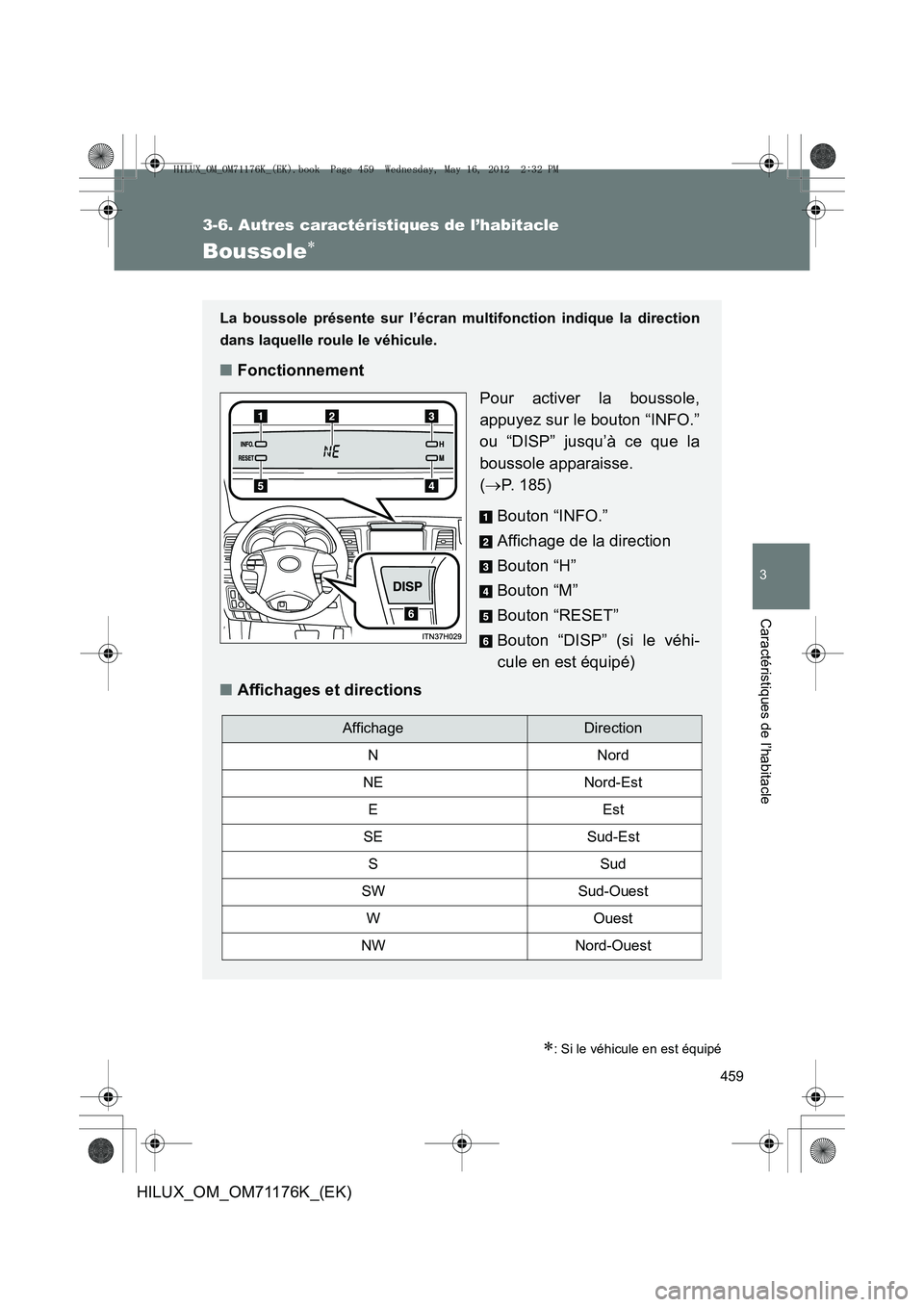 TOYOTA HILUX 2013  Notices Demploi (in French) 459
3-6. Autres caractéristiques de l’habitacle
3
Caractéristiques de l’habitacle
HILUX_OM_OM71176K_(EK)
Boussole∗
∗: Si le véhicule en est équipé
La boussole présente sur l’écran mul