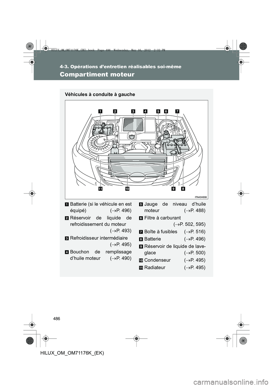 TOYOTA HILUX 2013  Notices Demploi (in French) 486
4-3. Opérations d’entretien réalisables soi-même
HILUX_OM_OM71176K_(EK)
Compartiment moteur
Véhicules à conduite à gauche
Batterie (si le véhicule en est
équipé)  (→P. 496)
Réservoir
