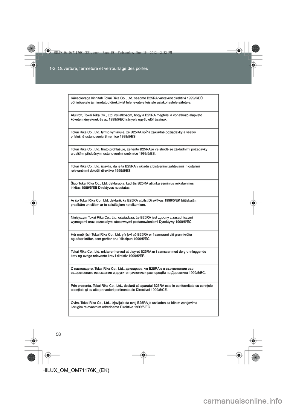 TOYOTA HILUX 2013  Notices Demploi (in French) 58
1-2. Ouverture, fermeture et verrouillage des portes
HILUX_OM_OM71176K_(EK)
HILUX_OM_OM71176K_(EK).book  Page 58  Wednesday, May 16, 2012  
2:32 PM 