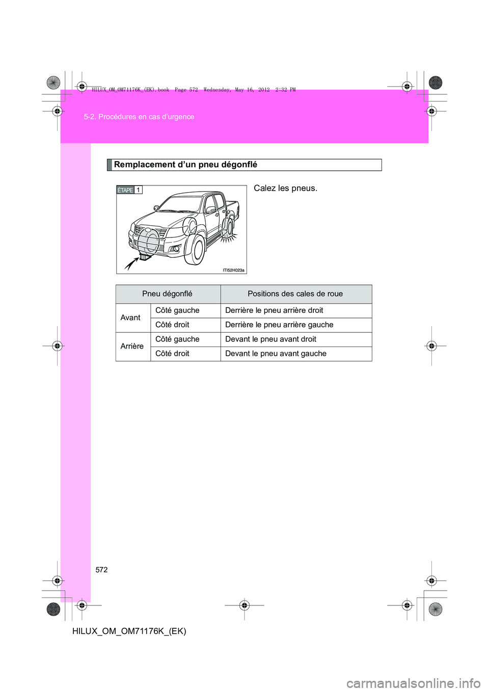 TOYOTA HILUX 2013  Notices Demploi (in French) 572
5-2. Procédures en cas d’urgence
HILUX_OM_OM71176K_(EK)
Remplacement d’un pneu dégonflé
Calez les pneus.
1 ÉTAPE 
Pneu dégonfléPositions des cales de roue
Avant Côté gauche Derrière l