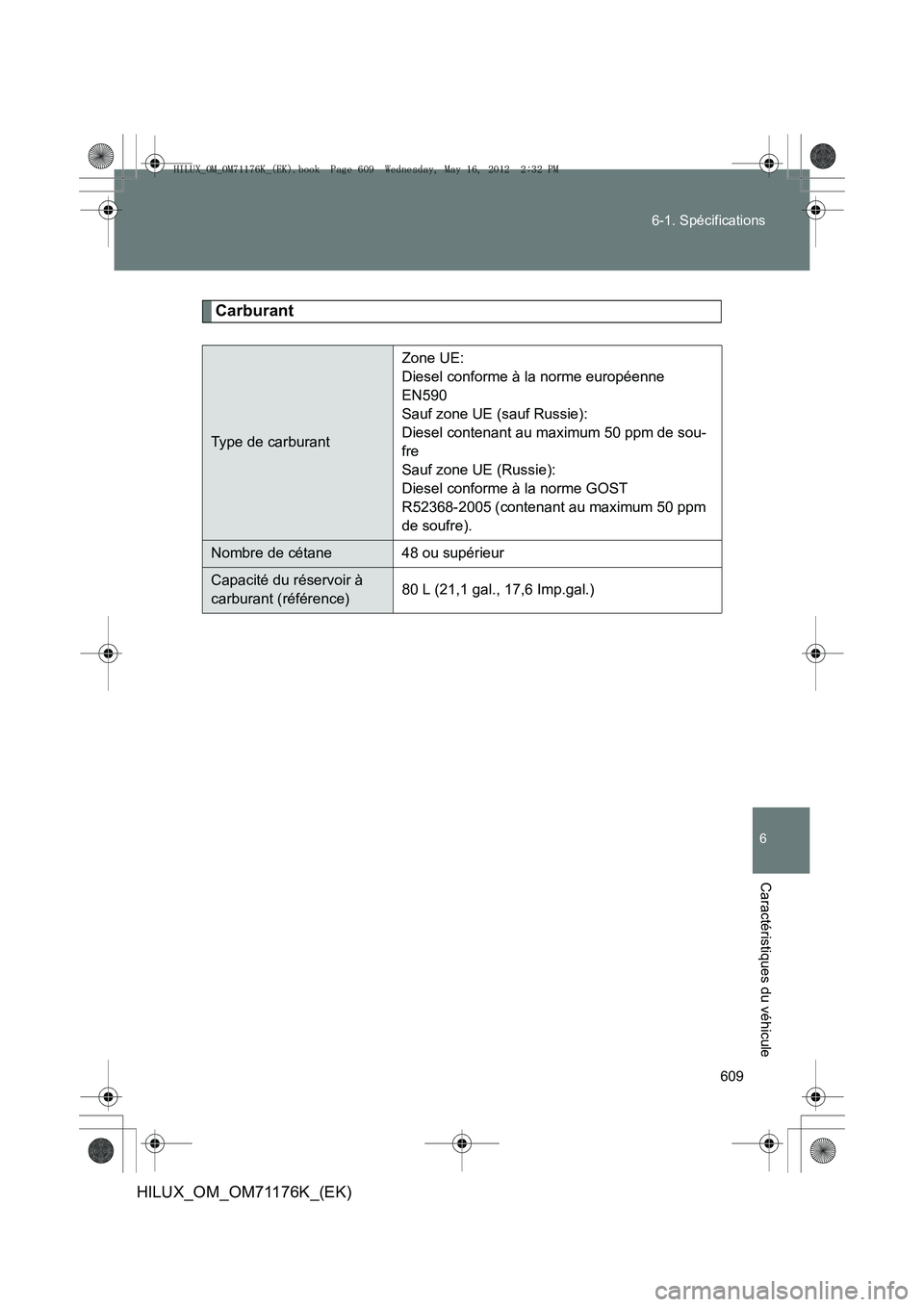 TOYOTA HILUX 2013  Notices Demploi (in French) 609
6-1. Spécifications
6
Caractéristiques du véhicule
HILUX_OM_OM71176K_(EK)
Carburant
Type de carburant
Zone UE:
Diesel conforme à la norme européenne 
EN590
Sauf zone UE (sauf Russie):
Diesel 
