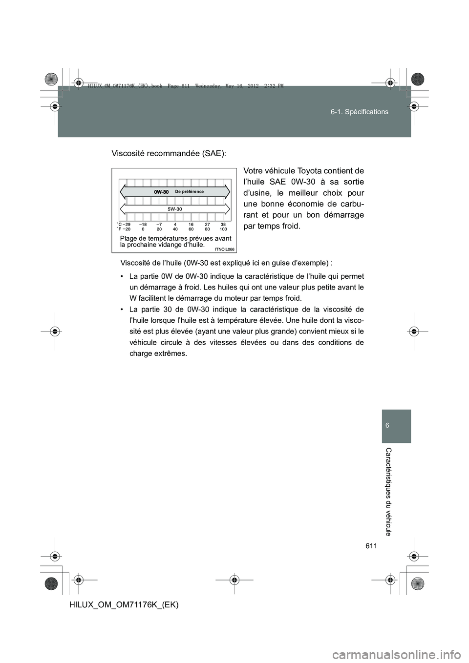 TOYOTA HILUX 2013  Notices Demploi (in French) 611
6-1. Spécifications
6
Caractéristiques du véhicule
HILUX_OM_OM71176K_(EK)
Viscosité recommandée (SAE):
Votre véhicule Toyota contient de
l’huile SAE 0W-30 à sa sortie
d’usine, le meille