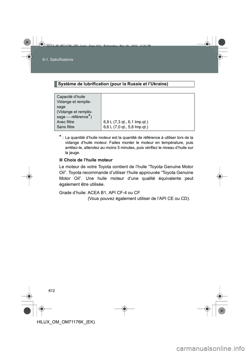 TOYOTA HILUX 2013  Notices Demploi (in French) 612
6-1. Spécifications
HILUX_OM_OM71176K_(EK)
Système de lubrification (pour la Russie et l’Ukraine)
* : La quantité d’huile moteur est la quantité de référence à utiliser lors de la
vidan