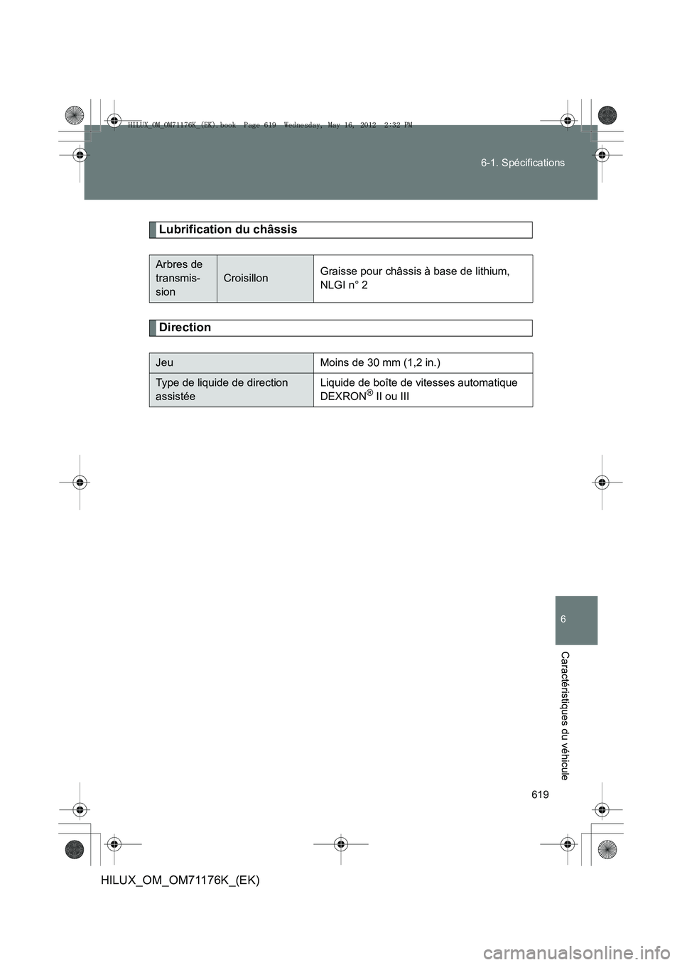 TOYOTA HILUX 2013  Notices Demploi (in French) 619
6-1. Spécifications
6
Caractéristiques du véhicule
HILUX_OM_OM71176K_(EK)
Lubrification du châssis
Direction
Arbres de 
transmis-
sion
CroisillonGraisse pour châssis à base de lithium, 
NLGI