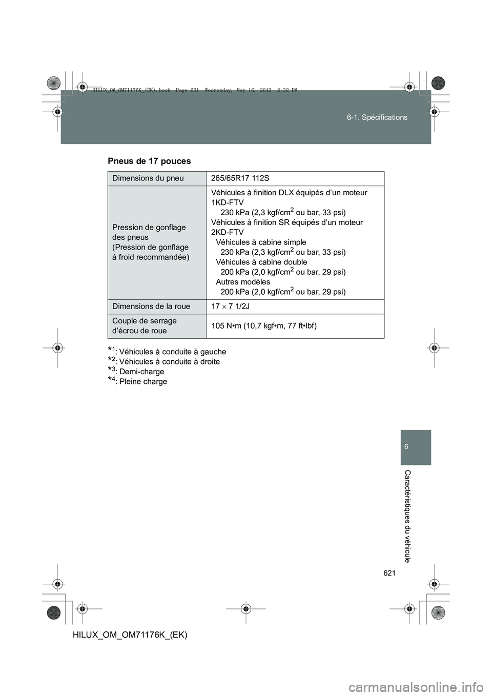 TOYOTA HILUX 2013  Notices Demploi (in French) 621
6-1. Spécifications
6
Caractéristiques du véhicule
HILUX_OM_OM71176K_(EK)
Pneus de 17 pouces 
*1: Véhicules à conduite à gauche 
*2: Véhicules à conduite à droite 
*3: Demi-charge 
*4: Pl