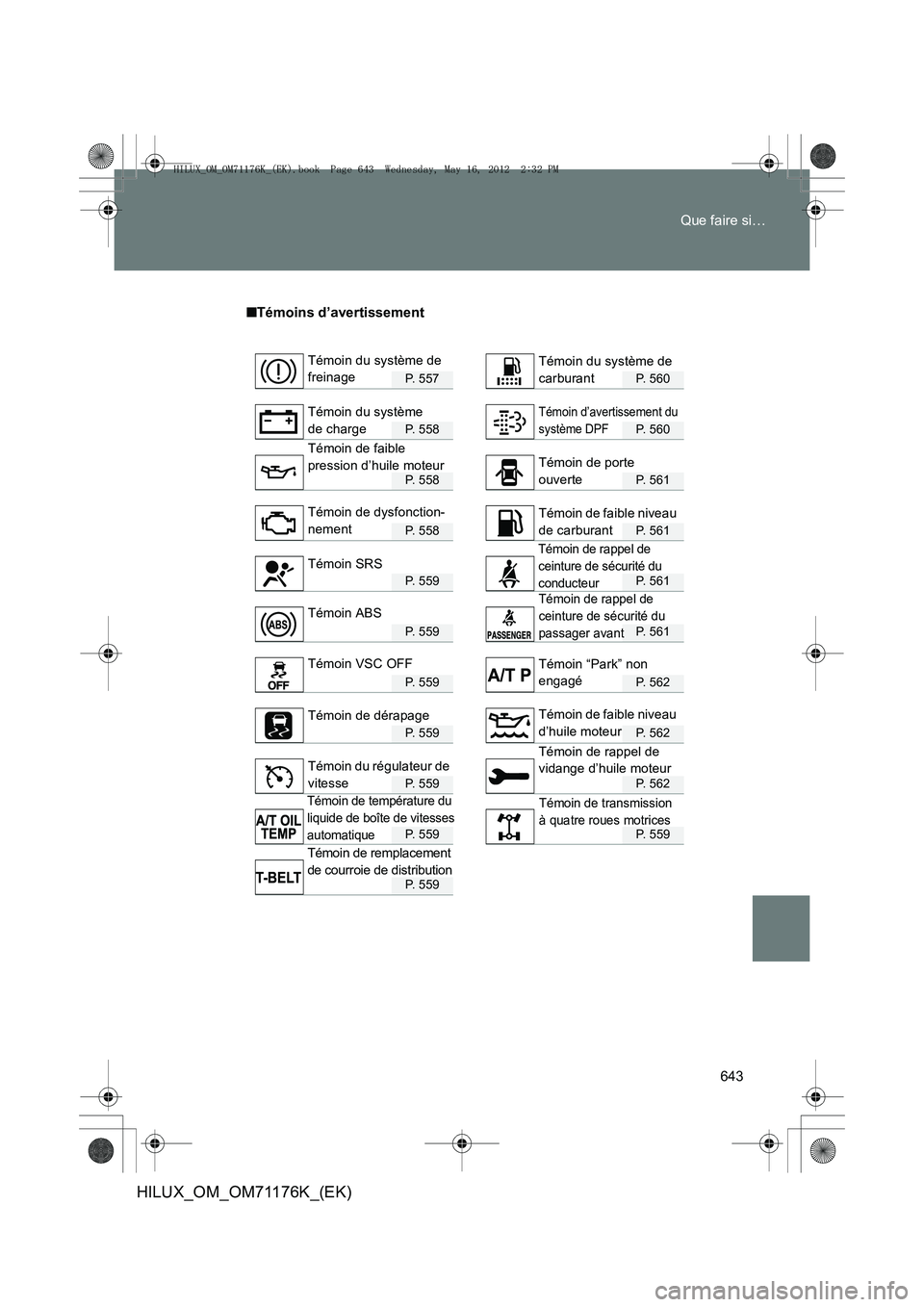 TOYOTA HILUX 2013  Notices Demploi (in French) 643
Que faire si…
HILUX_OM_OM71176K_(EK)
■
Témoins d’avertissement
P. 557P. 560
P. 558P. 560
P. 558P. 561
P. 558P. 561
P. 559P. 561
P. 559P. 561
P. 559P. 562
P. 559P. 562
P. 559P. 562
P. 559P. 