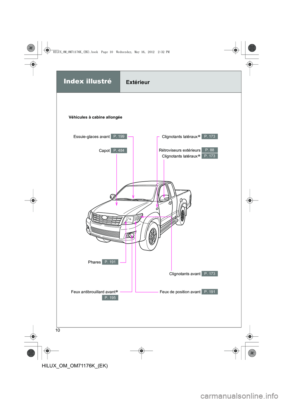 TOYOTA HILUX 2013  Notices Demploi (in French) 10
HILUX_OM_OM71176K_(EK)
Index illustréExtérieur
Véhicules à cabine allongée
Rétroviseurs extérieurs Clignotants latéraux
∗ 
P. 88
P. 173
Phares P. 191
Feux antibrouillard avant∗
P. 195
C