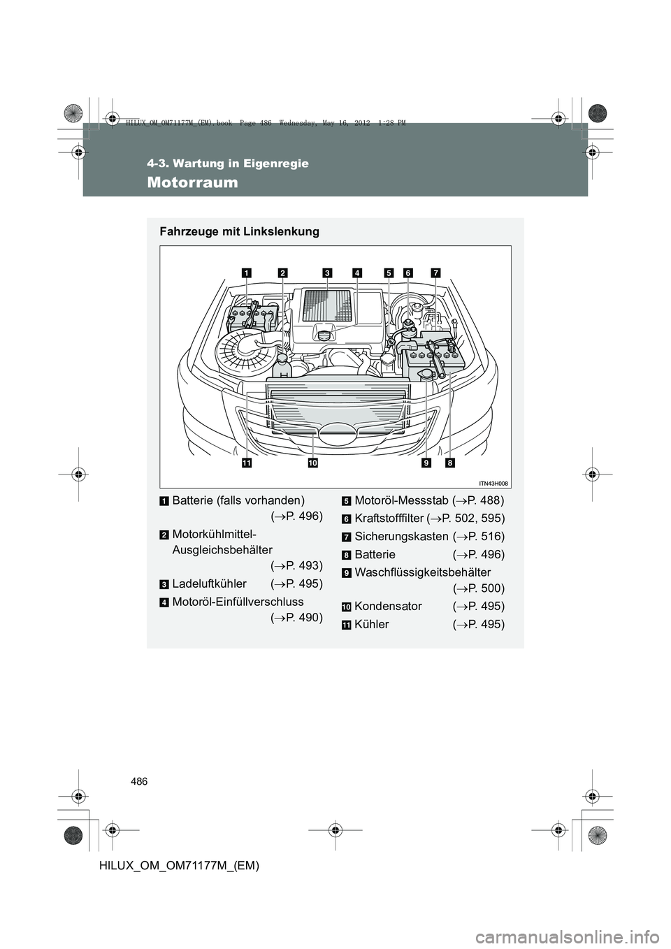 TOYOTA HILUX 2013  Betriebsanleitungen (in German) 486
4-3. Wartung in Eigenregie
HILUX_OM_OM71177M_(EM)
Motorraum
Fahrzeuge mit Linkslenkung
Batterie (falls vorhanden)  (→ P. 496)
Motorkühlmittel-
Ausgleichsbehälter  (→ P. 493)
Ladeluftkühler 