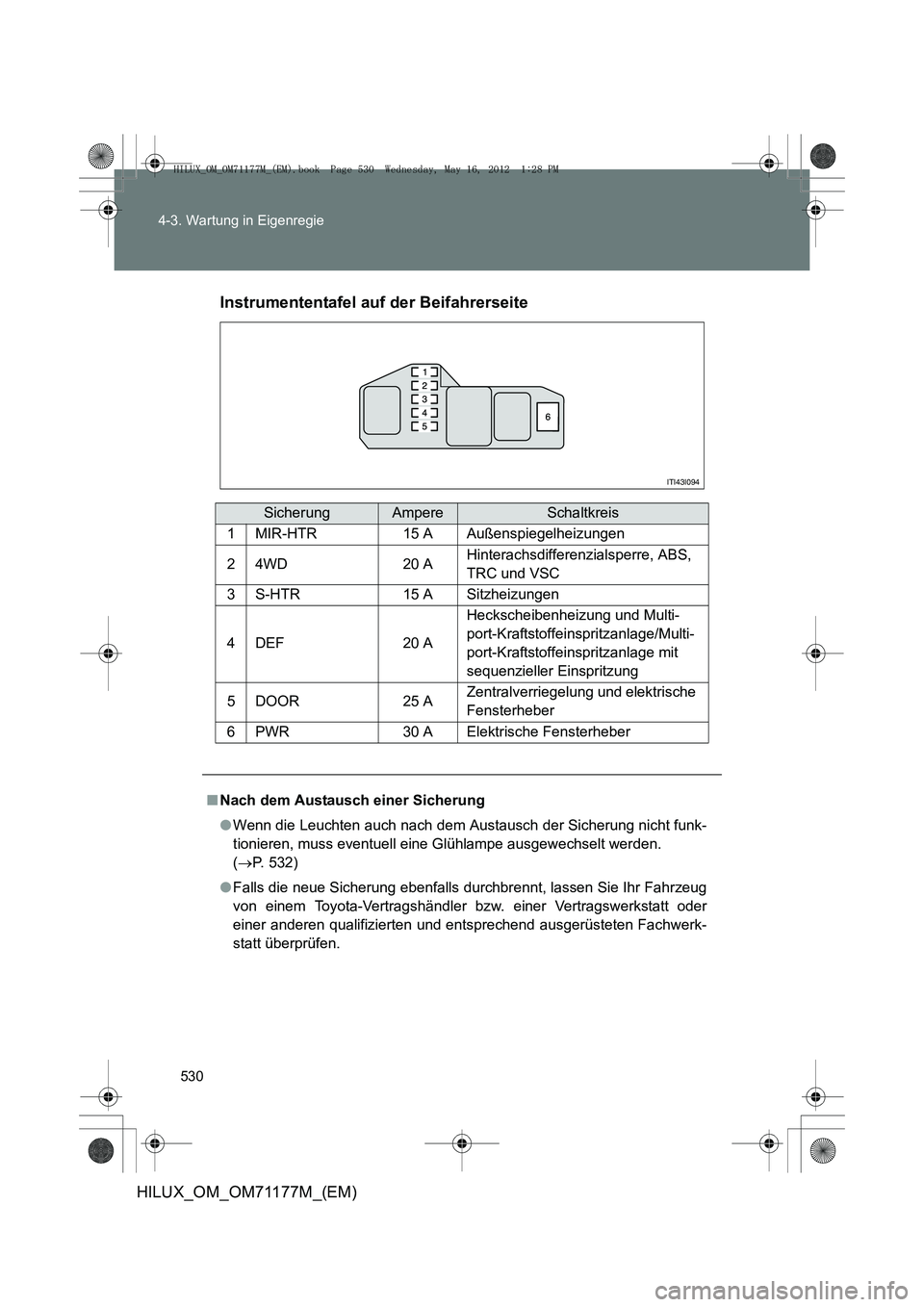 TOYOTA HILUX 2013  Betriebsanleitungen (in German) 530
4-3. Wartung in Eigenregie
HILUX_OM_OM71177M_(EM)
Instrumententafel auf der Beifahrerseite
SicherungAmpereSchaltkreis
1MIR-HTR15 AAußenspiegelheizungen
24WD20 AHinterachsdifferenzialsperre, ABS, 