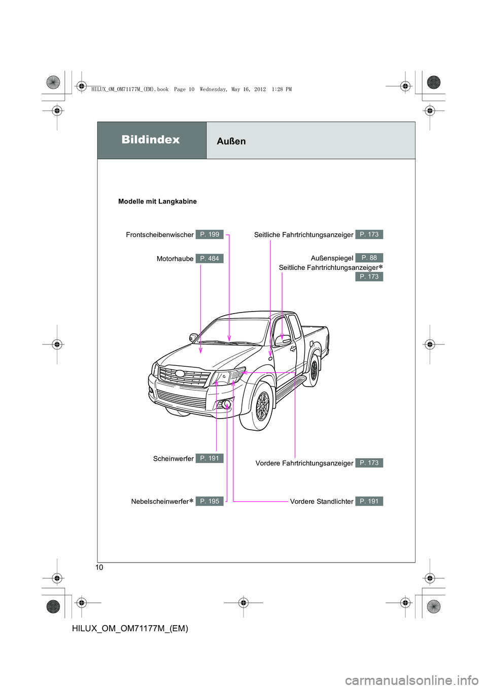 TOYOTA HILUX 2013  Betriebsanleitungen (in German) 10
HILUX_OM_OM71177M_(EM)
BildindexAußen
Modelle mit Langkabine
Außenspiegel 
Seitliche Fahrtrichtungsanzeiger
∗
P. 88
P. 173
Nebelscheinwerfer∗ P. 195
Frontscheibenwischer P. 199
Motorhaube P. 