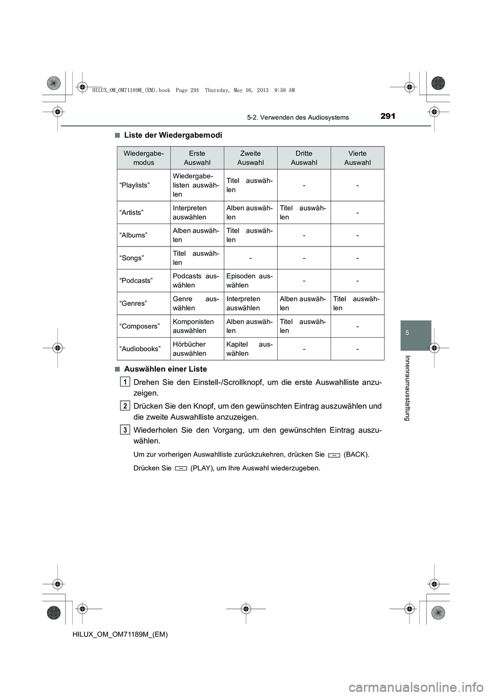TOYOTA HILUX 2014  Betriebsanleitungen (in German) 2915-2. Verwenden des Audiosystems
5
Innenraumausstattung
HILUX_OM_OM71189M_(EM)■
Liste der Wiedergabemodi
■Auswählen einer Liste
Drehen Sie den Einstell-/Scrollknopf, um die erste Auswahlliste a