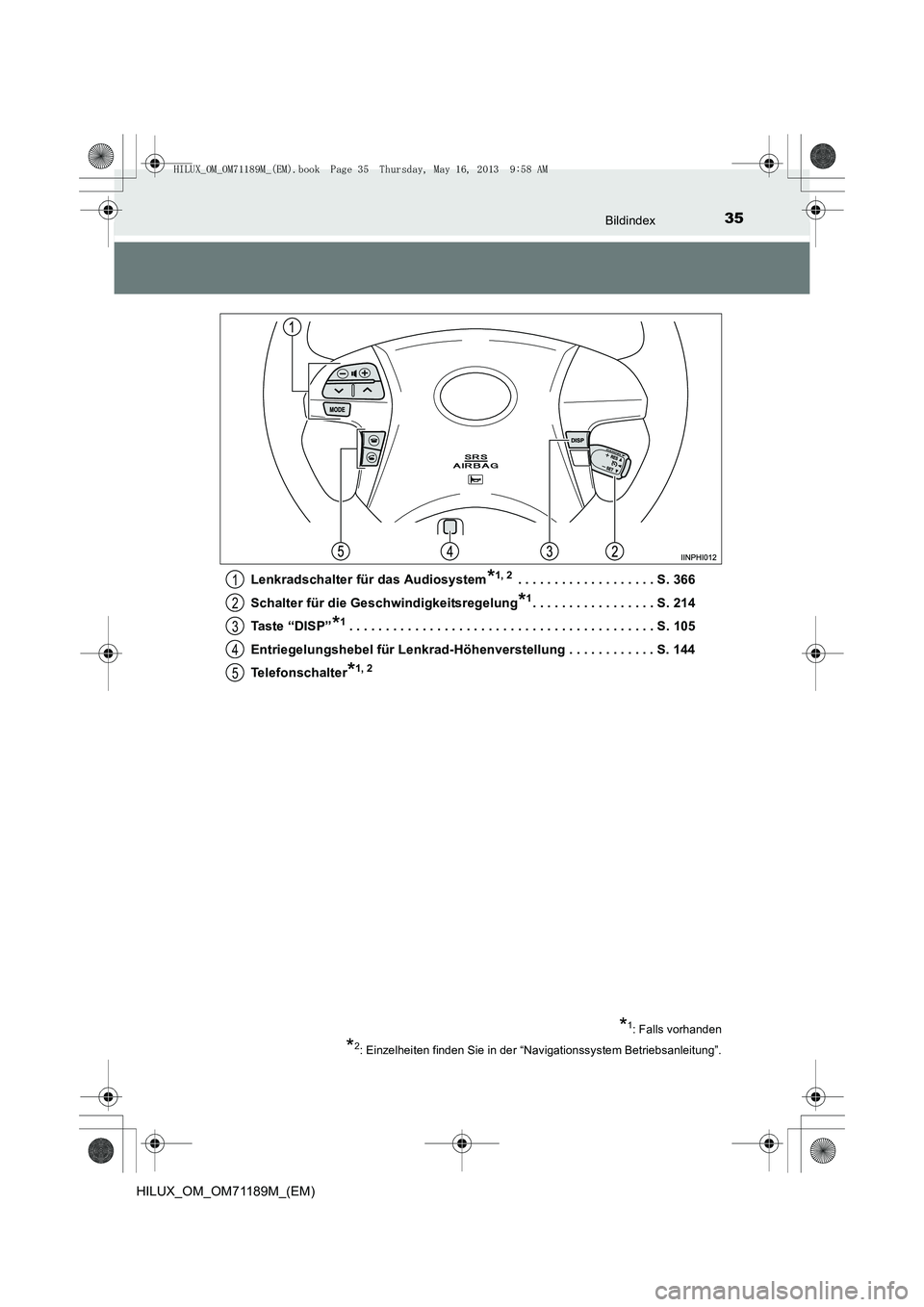 TOYOTA HILUX 2014  Betriebsanleitungen (in German) 35Bildindex
HILUX_OM_OM71189M_(EM)Lenkradschalter für das Audiosystem
*1, 2 . . . . . . . . . . . . . . . . . . . S. 366
Schalter für die Geschwindigkeitsregelung
*1. . . . . . . . . . . . . . . . .