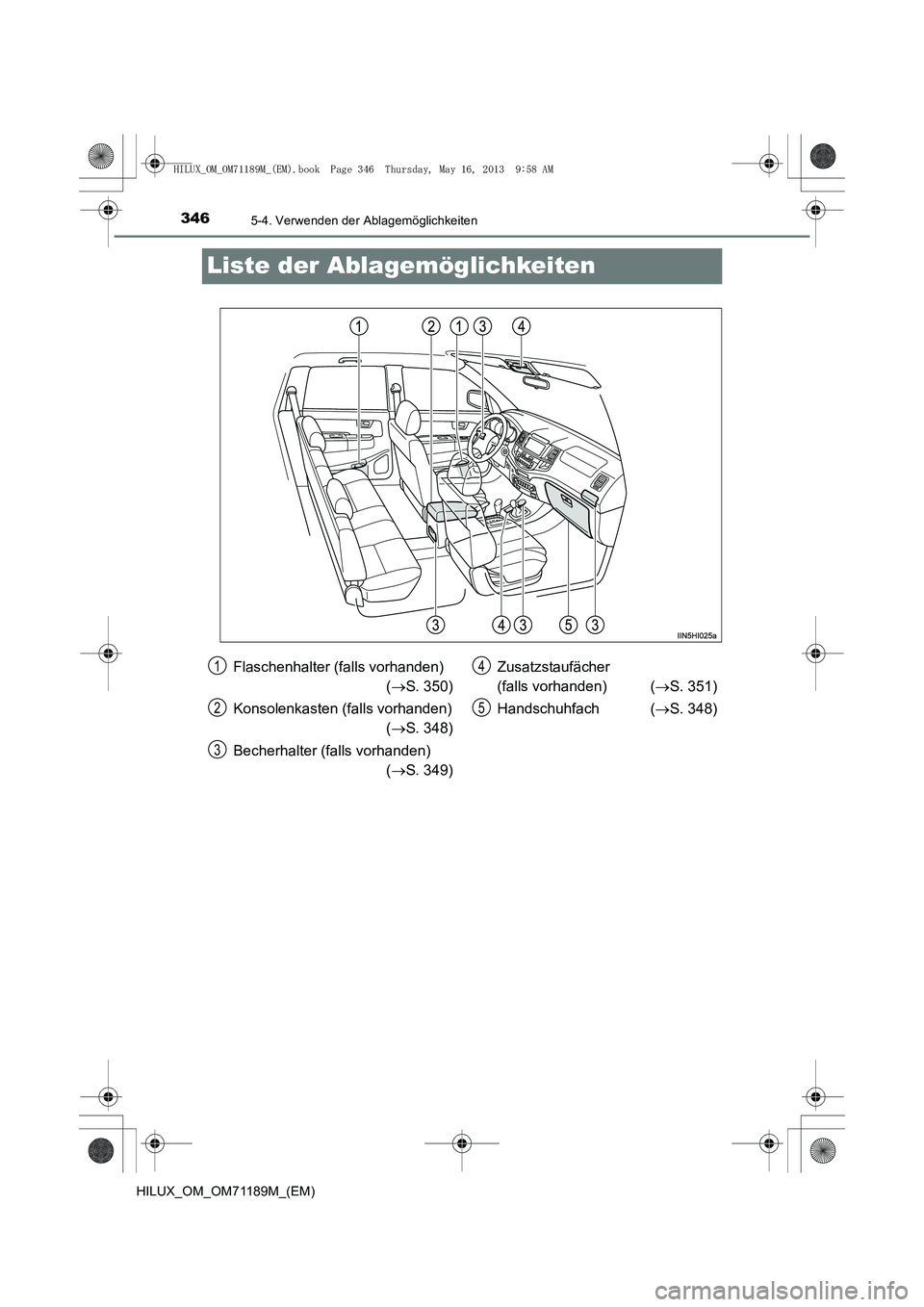TOYOTA HILUX 2014  Betriebsanleitungen (in German) 3465-4. Verwenden der Ablagemöglichkeiten
HILUX_OM_OM71189M_(EM)
Liste der Ablagemöglichkeiten
Flaschenhalter (falls vorhanden)(→ S. 350)
Konsolenkasten (falls vorhanden) (→ S. 348)
Becherhalter