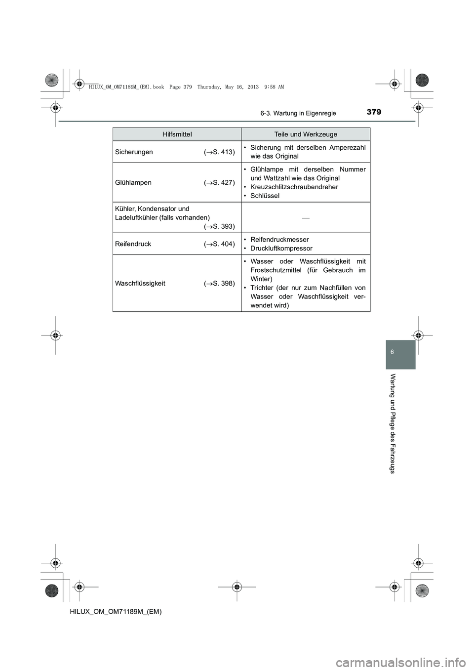 TOYOTA HILUX 2014  Betriebsanleitungen (in German) 3796-3. Wartung in Eigenregie
6
Wartung und Pflege des Fahrzeugs
HILUX_OM_OM71189M_(EM)
Sicherungen (→S. 413)• Sicherung mit derselben Amperezahl
wie das Original
Glühlampen ( →S. 427)
• Glü