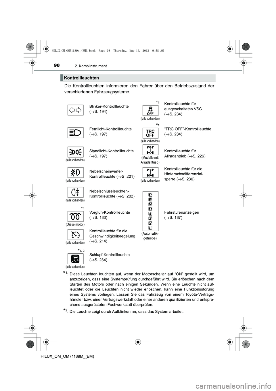 TOYOTA HILUX 2014 Betriebsanleitungen (in German) 982. Kombiinstrument
HILUX_OM_OM71189M_(EM)
Die Kontrollleuchten informieren den Fahrer über den Betriebszustand der
verschiedenen Fahrzeugsysteme.
*1: Diese Leuchten leuchten auf, wenn der Motorsch TOYOTA HILUX 2014 Betriebsanleitungen (in German) 982. Kombiinstrument
HILUX_OM_OM71189M_(EM)
Die Kontrollleuchten informieren den Fahrer über den Betriebszustand der
verschiedenen Fahrzeugsysteme.
*1: Diese Leuchten leuchten auf, wenn der Motorsch