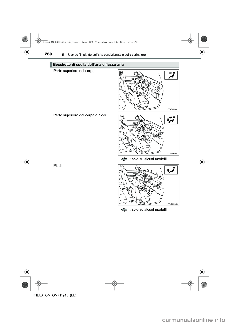 TOYOTA HILUX 2014  Manuale duso (in Italian) 2605-1. Uso dell’impianto dell’aria condizionata e dello sbrinatore
HILUX_OM_OM71191L_(EL)
Parte superiore del corpo
Parte superiore del corpo e piedi: solo su alcuni modelli
Piedi
: solo su alcun