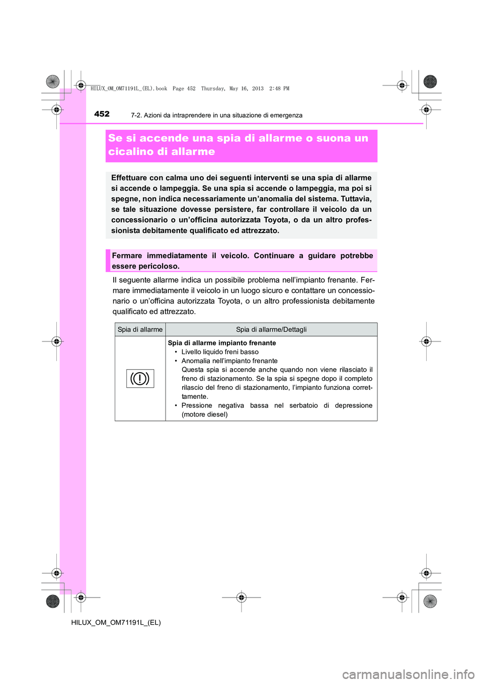 TOYOTA HILUX 2014  Manuale duso (in Italian) 4527-2. Azioni da intraprendere in una situazione di emergenza
HILUX_OM_OM71191L_(EL)
Se si accende una spia di allar me o suona un 
cicalino di allar me
Il seguente allarme indica un possibile proble