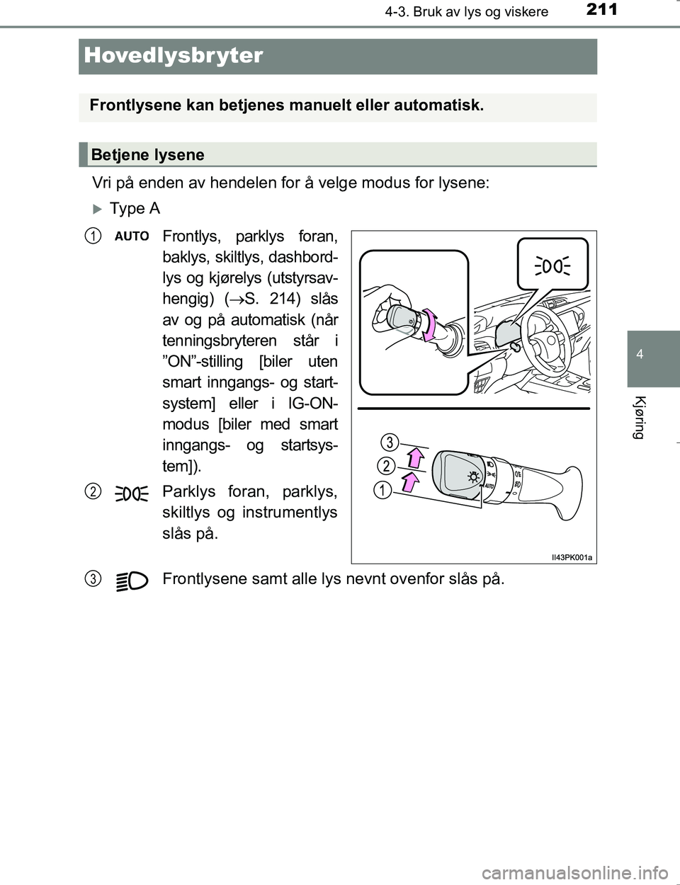 TOYOTA HILUX 2016  Instruksjoner for bruk (in Norwegian) 211
4
4-3. Bruk av lys og viskere
Kjøring
OM0K196E
Hovedlysbr yter
Vri på enden av hendelen for å velge modus for lysene:
Ty p e  A
Frontlys, parklys foran,
baklys, skiltlys, dashbord-
lys og kj