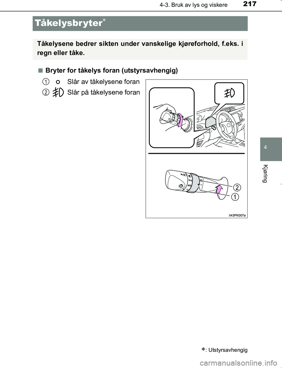 TOYOTA HILUX 2016  Instruksjoner for bruk (in Norwegian) 217
4
4-3. Bruk av lys og viskere
Kjøring
OM0K196E
Tå ke l y s b r y t e r
nBryter for tåkelys foran (utstyrsavhengig)Slår av tåkelysene foran
Slår på tåkelysene foran
: Utstyrsavhengig
