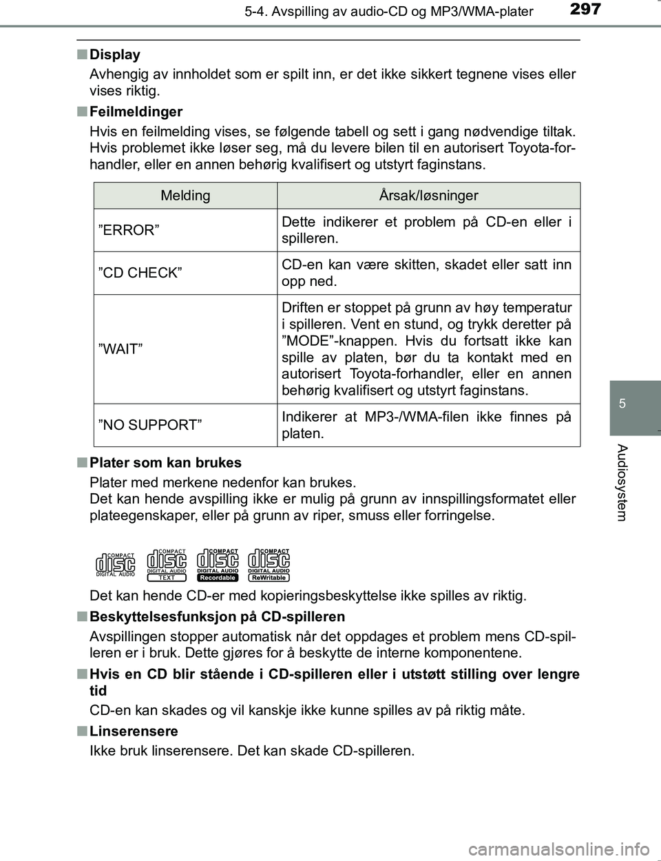 TOYOTA HILUX 2016 Instruksjoner for bruk (in Norwegian) 2975-4. Avspilling av audio-CD og MP3/WMA-plater
5
Audiosystem
OM0K196E
nDisplay
Avhengig av innholdet som er spilt inn, er det ikke sikkert tegnene vises eller
vises riktig.
n Feilmeldinger
Hvis en f TOYOTA HILUX 2016 Instruksjoner for bruk (in Norwegian) 2975-4. Avspilling av audio-CD og MP3/WMA-plater
5
Audiosystem
OM0K196E
nDisplay
Avhengig av innholdet som er spilt inn, er det ikke sikkert tegnene vises eller
vises riktig.
n Feilmeldinger
Hvis en f