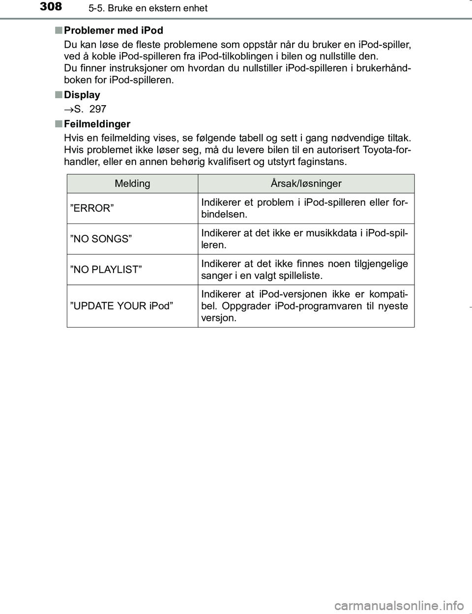 TOYOTA HILUX 2016  Instruksjoner for bruk (in Norwegian) 3085-5. Bruke en ekstern enhet
OM0K196En
Problemer med iPod
Du kan løse de fleste problemene som  oppstår når du bruker en iPod-spiller,
ved å koble iPod-spilleren fra iPod-tilkoblingen i bilen og