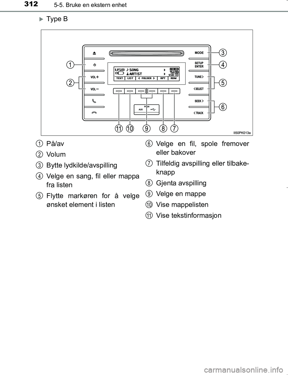 TOYOTA HILUX 2016  Instruksjoner for bruk (in Norwegian) 3125-5. Bruke en ekstern enhet
OM0K196E
Ty p e  B
På/av
Vo l u m
Bytte lydkilde/avspilling
Velge en sang, fil eller mappa
fra listen
Flytte markøren for å velge
ønsket element i listenVelge en 