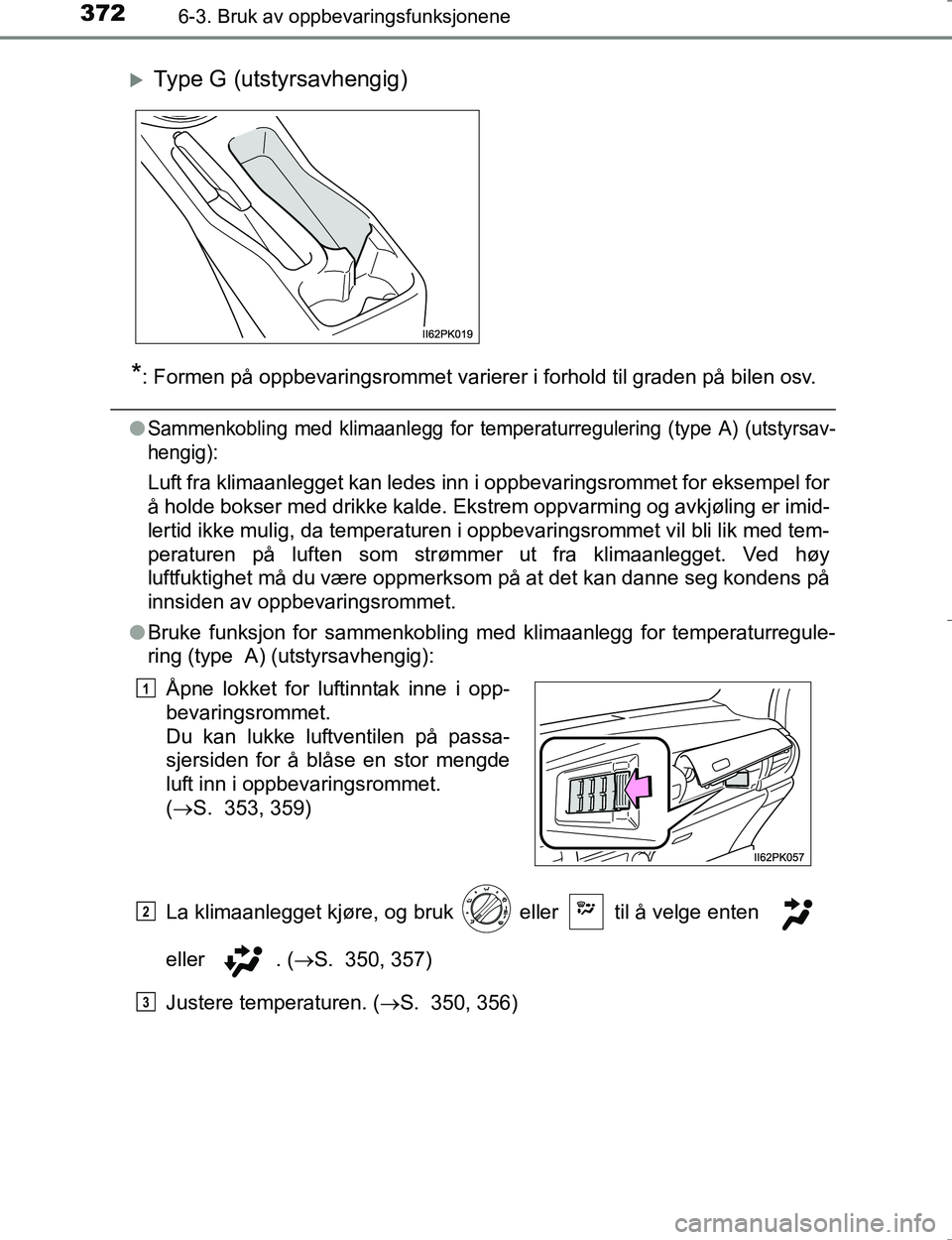 TOYOTA HILUX 2016  Instruksjoner for bruk (in Norwegian) 372
OM0K196E
6-3. Bruk av oppbevaringsfunksjonene
*: Formen på oppbevaringsrommet varierer i forhold til graden på bilen osv.
lSammenkobling med klimaanlegg for temperaturregulering (type A) (utstyr