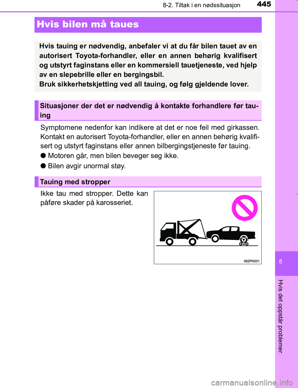 TOYOTA HILUX 2016  Instruksjoner for bruk (in Norwegian) 4458-2. Tiltak i en nødssituasjon
OM0K196E
8
Hvis det oppstår problemer
Hvis bilen må taues
Symptomene nedenfor kan indikere at det er noe feil med girkassen.
Kontakt en autorisert Toyota-forhandle
