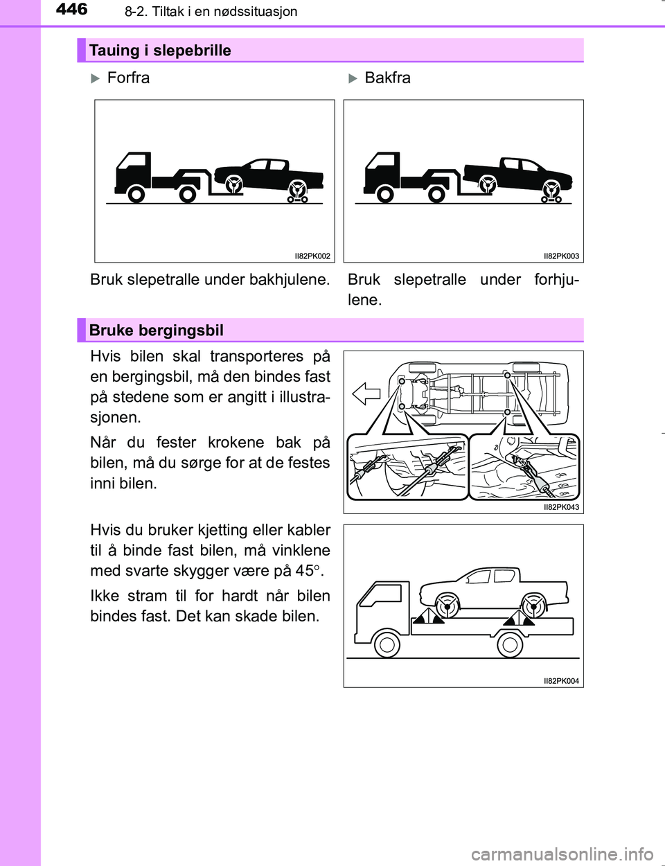 TOYOTA HILUX 2016  Instruksjoner for bruk (in Norwegian) 4468-2. Tiltak i en nødssituasjon
OM0K196E
Hvis bilen skal transporteres på
en bergingsbil, må den bindes fast
på stedene som er angitt i illustra-
sjonen.
Når du fester krokene bak på
bilen, m