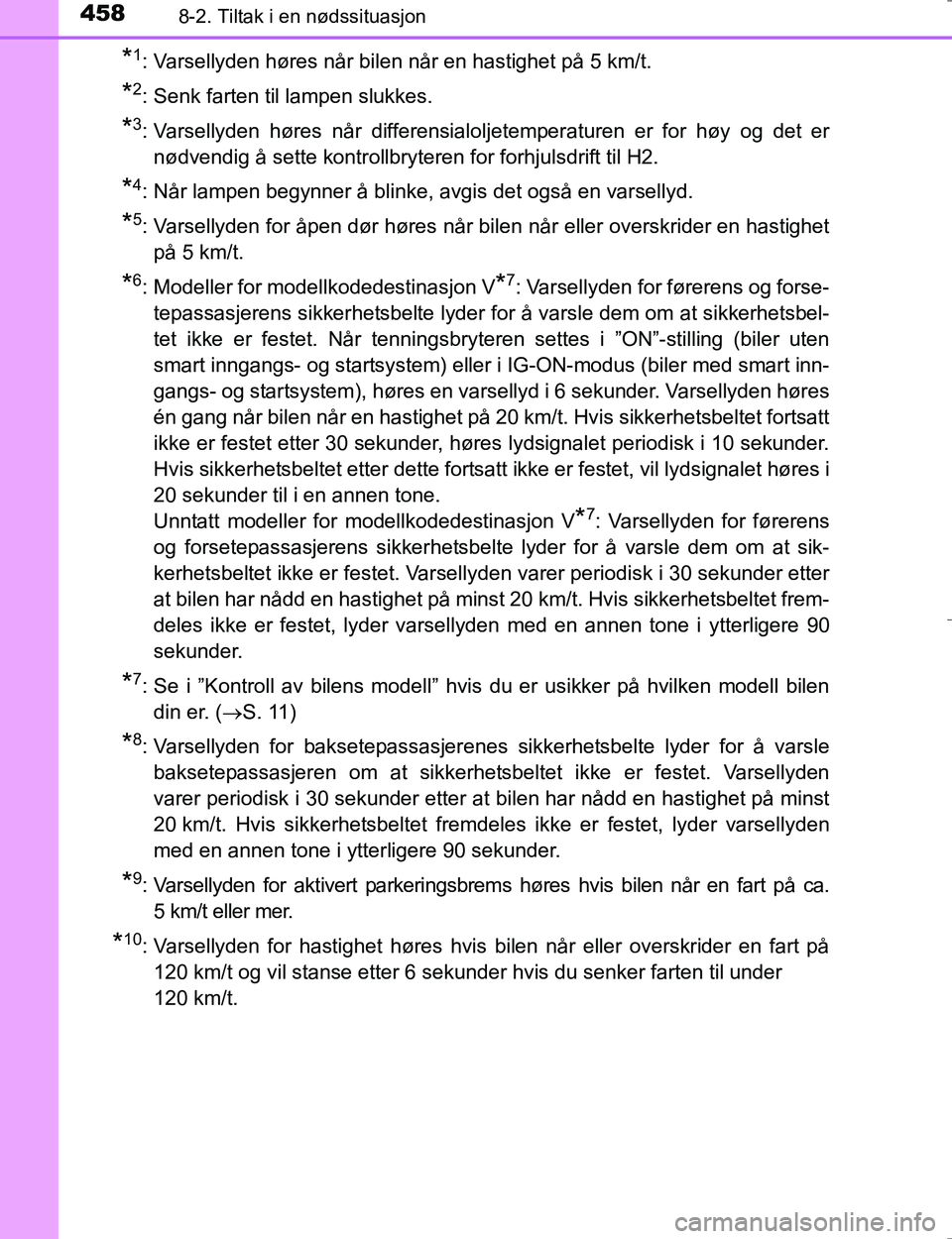 TOYOTA HILUX 2016  Instruksjoner for bruk (in Norwegian) 4588-2. Tiltak i en nødssituasjon
OM0K196E
*1: Varsellyden høres når bilen når en hastighet på 5 km/t.
*2: Senk farten til lampen slukkes.
*3: Varsellyden høres når differensialoljetemperaturen