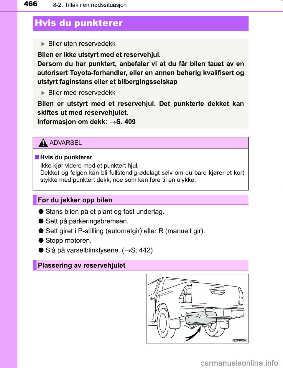 TOYOTA HILUX 2016  Instruksjoner for bruk (in Norwegian) 4668-2. Tiltak i en nødssituasjon
OM0K196E
Hvis du punkterer
lStans bilen på et plant og fast underlag.
l Sett på parkeringsbremsen.
l Sett giret i P-stilling (automatgir) eller R (manuelt gir).
l 