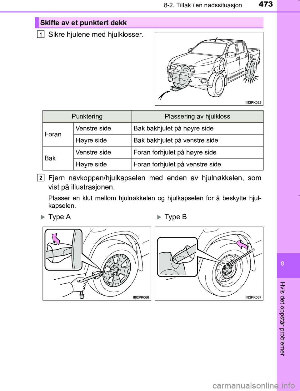 TOYOTA HILUX 2016  Instruksjoner for bruk (in Norwegian) 4738-2. Tiltak i en nødssituasjon
OM0K196E
8
Hvis det oppstår problemer
Sikre hjulene med hjulklosser.
Fjern navkoppen/hjulkapselen med enden av hjulnøkkelen, som
vist på illustrasjonen.
Plasser e