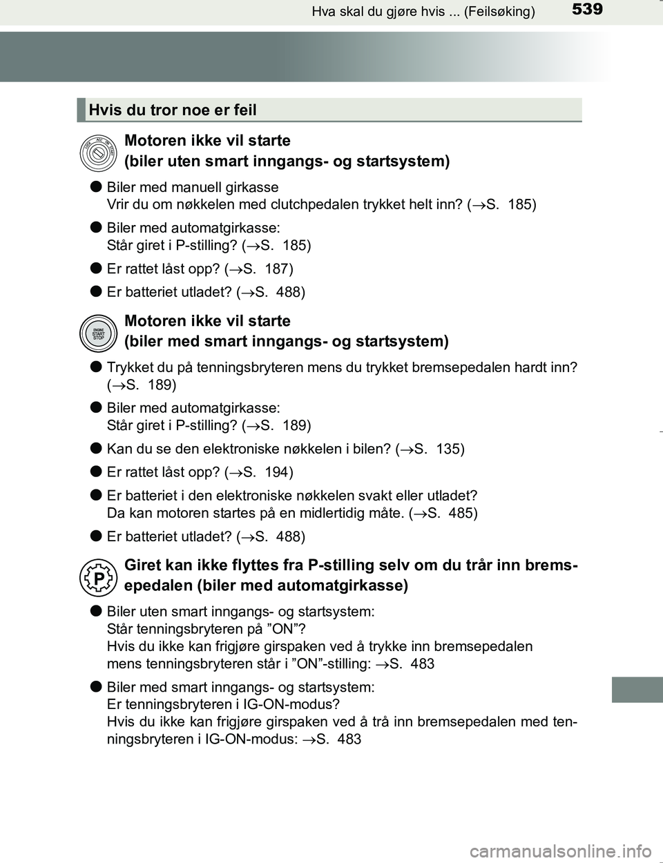 TOYOTA HILUX 2016 Instruksjoner for bruk (in Norwegian) 539Hva skal du gjøre hvis ... (Feilsøking)
OM0K196E
lBiler med manuell girkasse
Vrir du om nøkkelen med clutchpedalen trykket helt inn? (S. 185)
lBiler med automatgirkasse:
Står giret i P-still TOYOTA HILUX 2016 Instruksjoner for bruk (in Norwegian) 539Hva skal du gjøre hvis ... (Feilsøking)
OM0K196E
lBiler med manuell girkasse
Vrir du om nøkkelen med clutchpedalen trykket helt inn? (S. 185)
lBiler med automatgirkasse:
Står giret i P-still