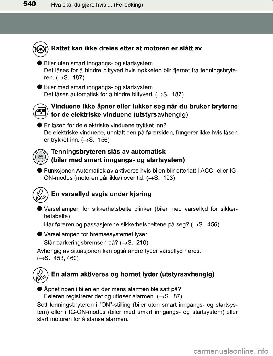 TOYOTA HILUX 2016 Instruksjoner for bruk (in Norwegian) 540Hva skal du gjøre hvis ... (Feilsøking)
OM0K196E
lBiler uten smart inngangs- og startsystem
Det låses for å hindre biltyveri hvis nøkkelen blir fjernet fra tenningsbryte-
ren. (S. 187)
lBil TOYOTA HILUX 2016 Instruksjoner for bruk (in Norwegian) 540Hva skal du gjøre hvis ... (Feilsøking)
OM0K196E
lBiler uten smart inngangs- og startsystem
Det låses for å hindre biltyveri hvis nøkkelen blir fjernet fra tenningsbryte-
ren. (S. 187)
lBil