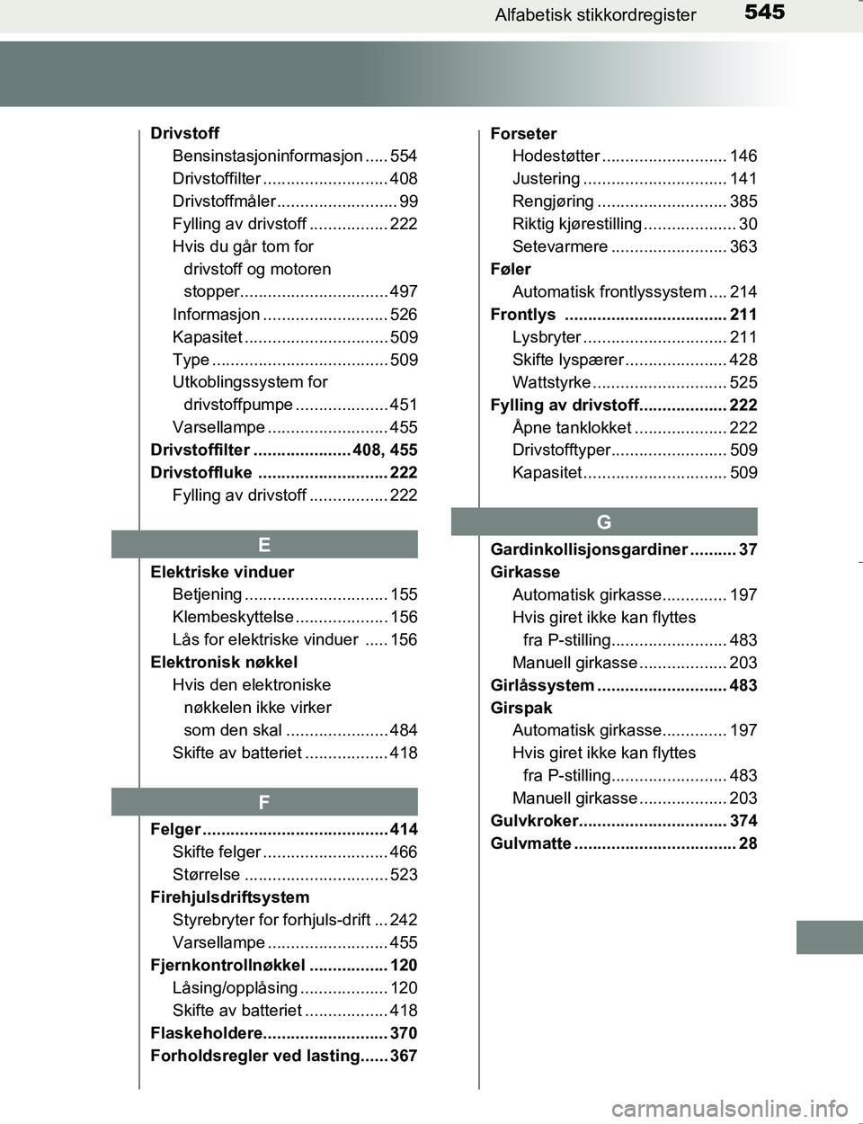 TOYOTA HILUX 2016  Instruksjoner for bruk (in Norwegian) 545Alfabetisk stikkordregister
OM0K196E
DrivstoffBensinstasjoninformasjon ..... 554
Drivstoffilter ........................... 408
Drivstoffmåler .......................... 99
Fylling av drivstoff ..