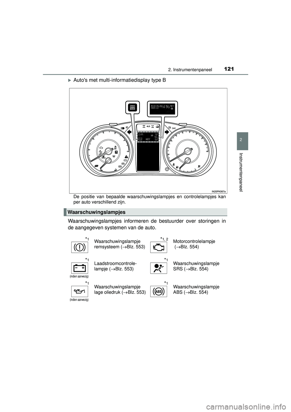 TOYOTA HILUX 2016  Instructieboekje (in Dutch) 1212. Instrumentenpaneel
2
Instrumentenpaneel
HILUX_OM_OM0K269E_(EE)
Autos met multi-informatiedisplay type B
De positie van bepaalde waarschuwingslampjes en controlelampjes kan
per auto verschill