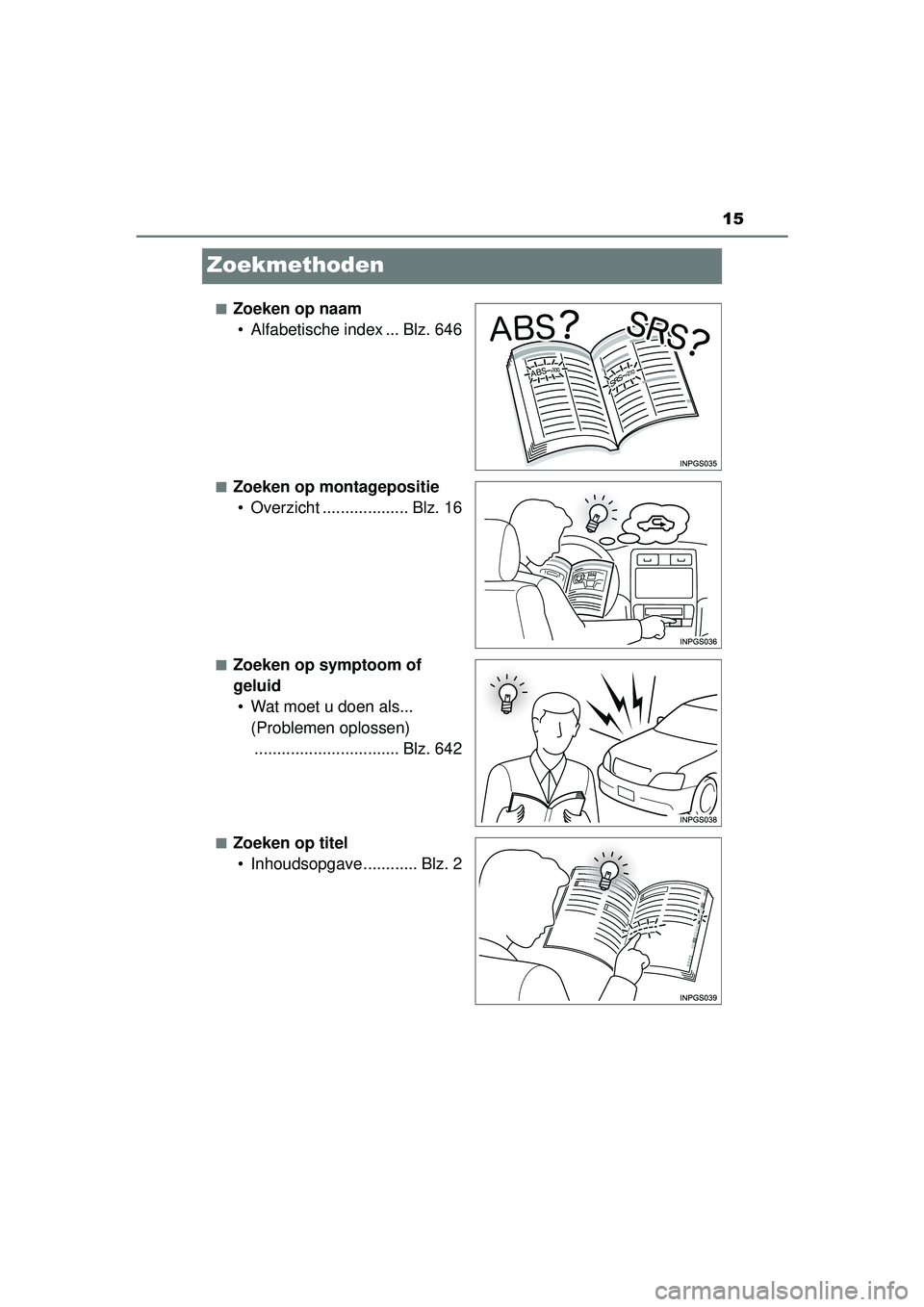 TOYOTA HILUX 2016  Instructieboekje (in Dutch) 15
HILUX_OM_OM0K269E_(EE)
Zoekmethoden
■Zoeken op naam• Alfabetische index ... Blz. 646
■Zoeken op montagepositie• Overzicht ................... Blz. 16
■Zoeken op symptoom of 
geluid• Wat