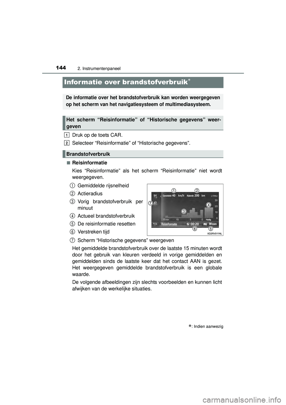 TOYOTA HILUX 2016 Instructieboekje (in Dutch) 1442. Instrumentenpaneel
HILUX_OM_OM0K269E_(EE)
Informatie over brandstofverbruik
Druk op de toets CAR.
Selecteer “Reisinformatie” of “Historische gegevens”.
■Reisinformatie
Kies “Reisi TOYOTA HILUX 2016 Instructieboekje (in Dutch) 1442. Instrumentenpaneel
HILUX_OM_OM0K269E_(EE)
Informatie over brandstofverbruik
Druk op de toets CAR.
Selecteer “Reisinformatie” of “Historische gegevens”.
■Reisinformatie
Kies “Reisi