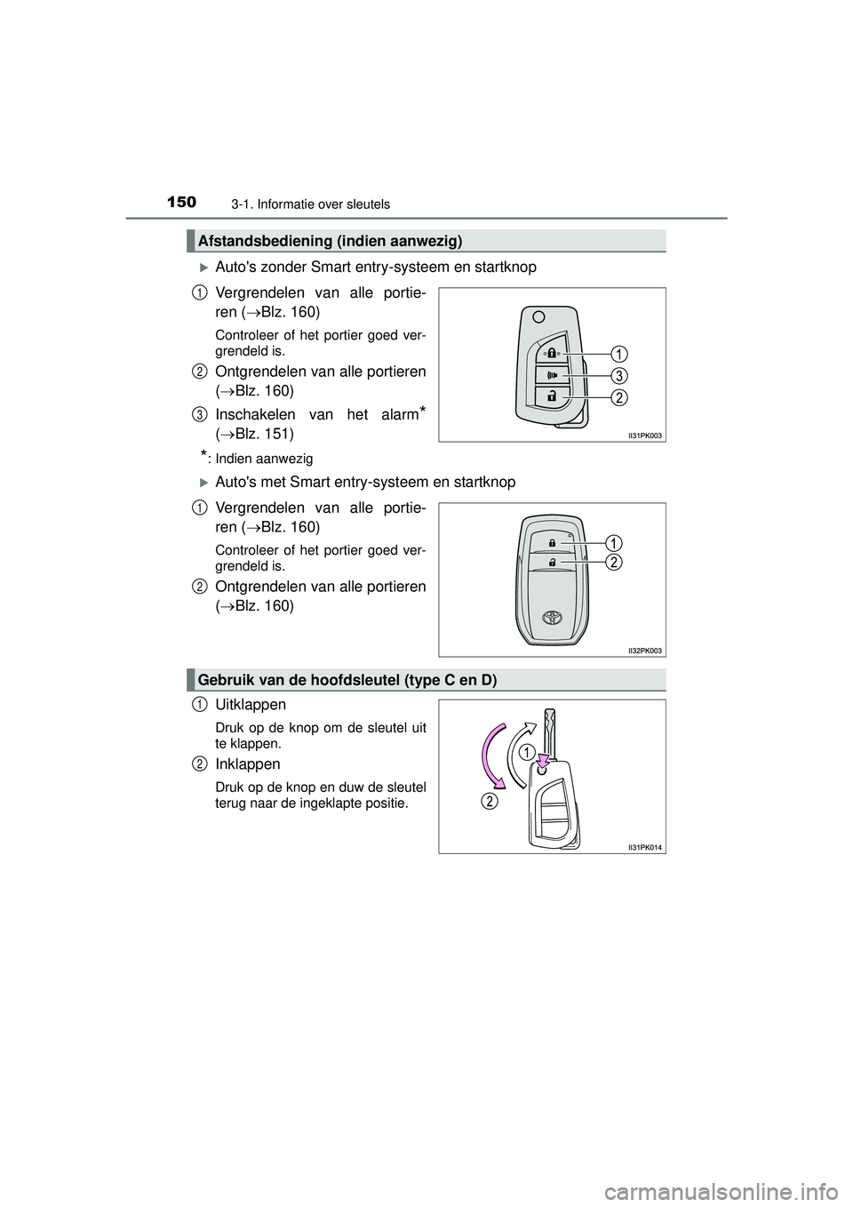 TOYOTA HILUX 2016  Instructieboekje (in Dutch) 1503-1. Informatie over sleutels
HILUX_OM_OM0K269E_(EE)
Autos zonder Smart entry-systeem en startknop
Vergrendelen van alle portie-
ren (Blz. 160)
Controleer of het portier goed ver-
grendeld i